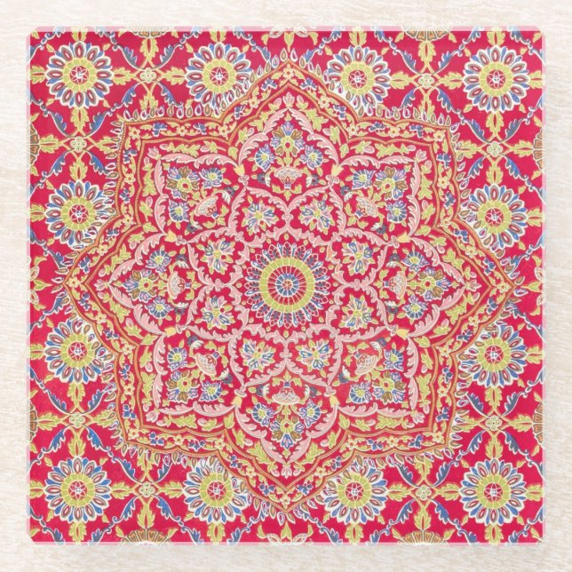 Red Mandala Vintag Indian Art Boho Beverage Glasuntersetzer (Vorderseite)