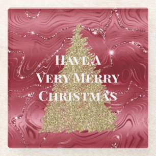 Red Marble Gold Glitzer Weihnachtsbaum Glasuntersetzer