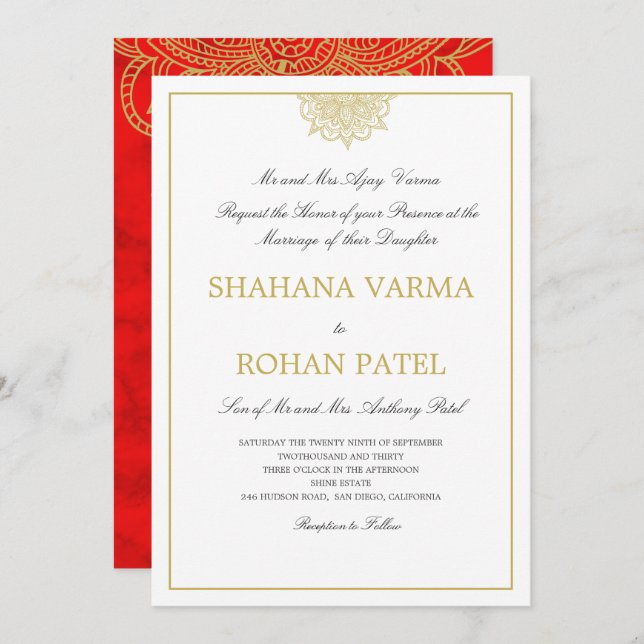 Red Marbled Gold Colored Wedding im indischen Stil Einladung (Vorne/Hinten)