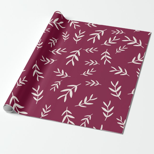 Red Maroon Christmas Leaf Wrapping Paper Geschenkpapier (Ungerollt)