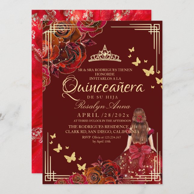 Red Maroon Gold Rose Elegant Princess Quinceañera Einladung (Vorne/Hinten)