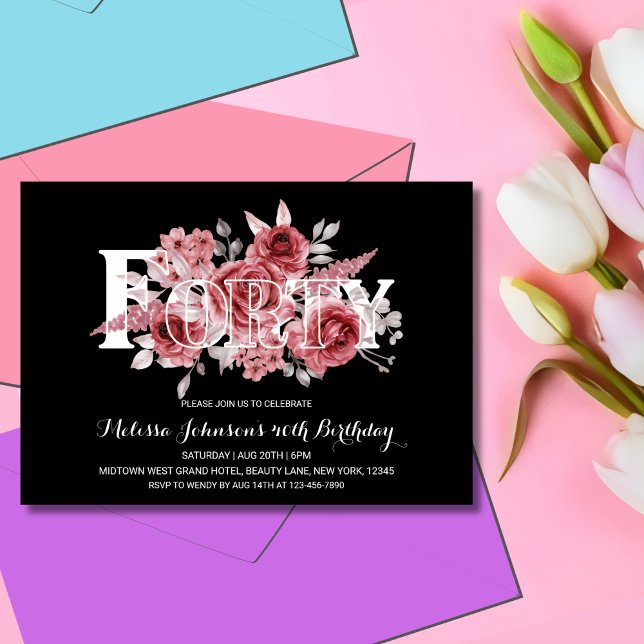 Red Maroon Greenery Floral 40. Black Birthday Einladung (Von Creator hochgeladen)