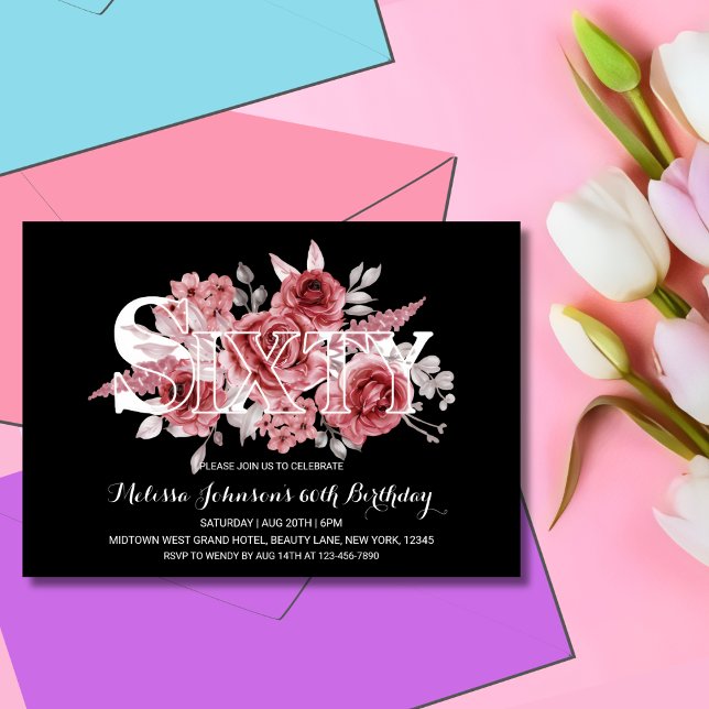 Red Maroon Greenery Floral 60. Schwarzer Geburtsta Einladung (Von Creator hochgeladen)