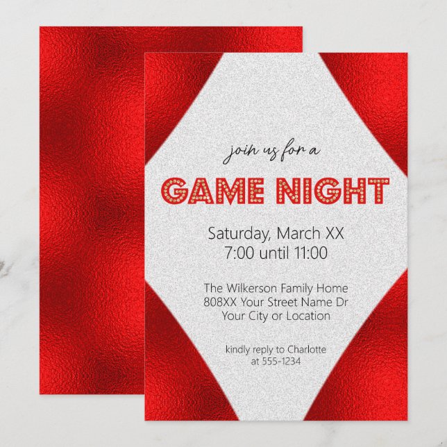 Red Marquee Sign Game Night Partys Einladung (Vorne/Hinten)