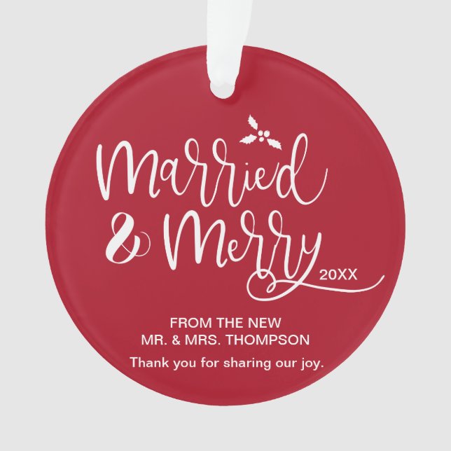 Red Married und Merry Hochzeitfoto Gefallen Ornament (Vorderseite)