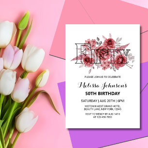 Red Marron Rose Greenery Floral 50. Geburtstag Einladung