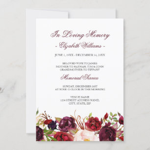 Red Marsala Burgundy floral Memorial Service Einladung