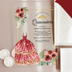 Red Marsala Floral Dress Gold Quinceanera Acryleinladungen