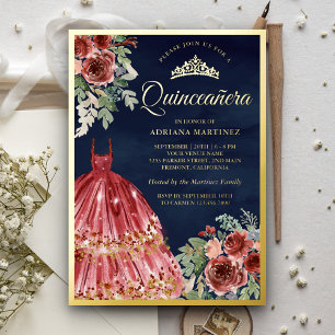Red Marsala florales Kleid Quinceanera Navy Gold Folieneinladung
