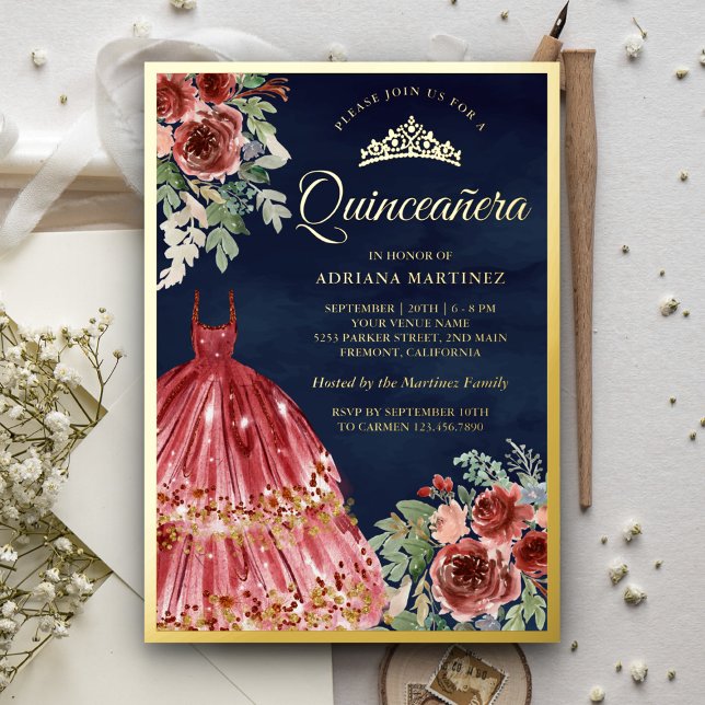 Red Marsala florales Kleid Quinceanera Navy Gold Folieneinladung (Von Creator hochgeladen)
