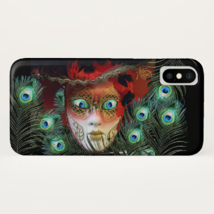 RED MASK with PEACOCK FEATHERS MASQUERADE PARTY iPhone X Hülle