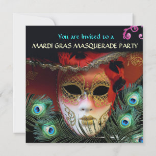 RED MASK with PEACOCK FEATHERS MASQUERADE PARTY Einladung