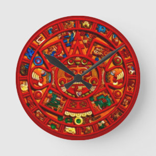 Red Mayan Sun Disk Aztec History Clock Runde Wanduhr