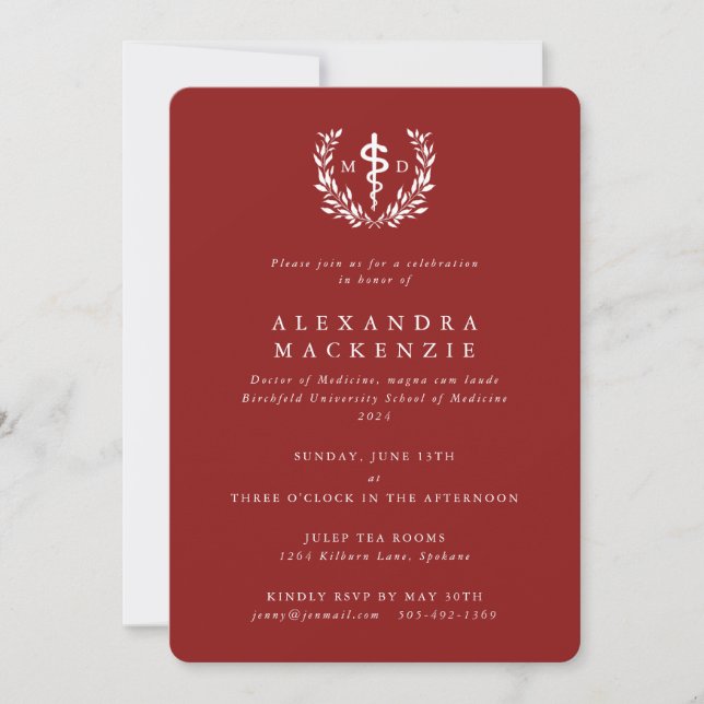 Red MD Asclepius + Laurel Wreath Abschluss Einladung (Vorderseite)
