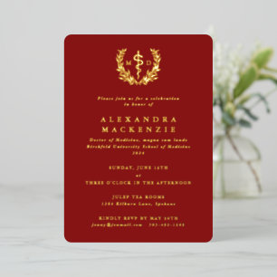 Red MD Asclepius+Laurel Wreath Graduation Party Folieneinladung