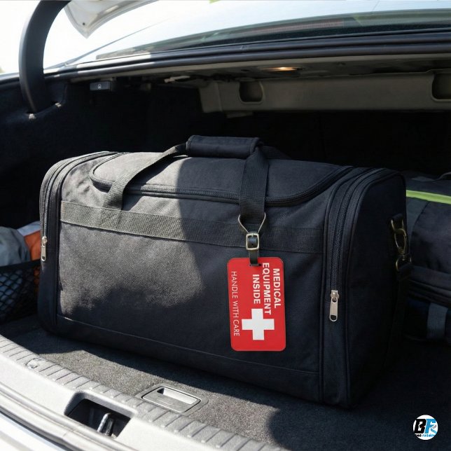 Red Medical Equipment Inside Handle With Care Aler Gepäckanhänger (Von Creator hochgeladen)