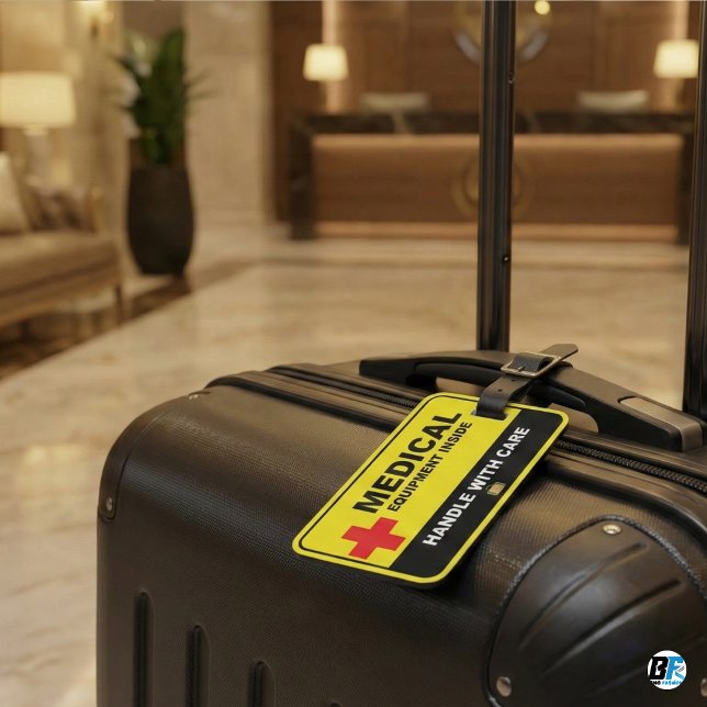 Red Medical Equipment Inside Handle With Care Aler Gepäckanhänger (Von Creator hochgeladen)