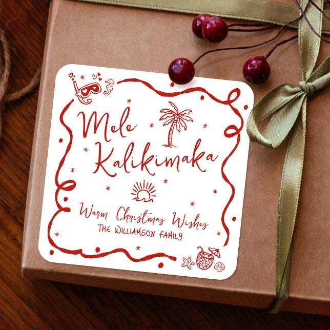 Red Mele Kalikimaka Hand Drawn Doodles Christmas Quadratischer Aufkleber (Von Creator hochgeladen)