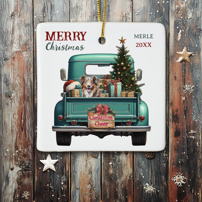 Red Merle Aussie Dog Retro Truck Weihnachten Keramikornament (Von Creator hochgeladen)