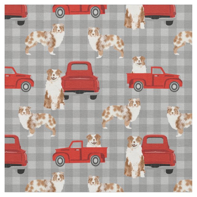Red Merle Aussie und Red LKW kariert Stoff (Nahaufnahme)