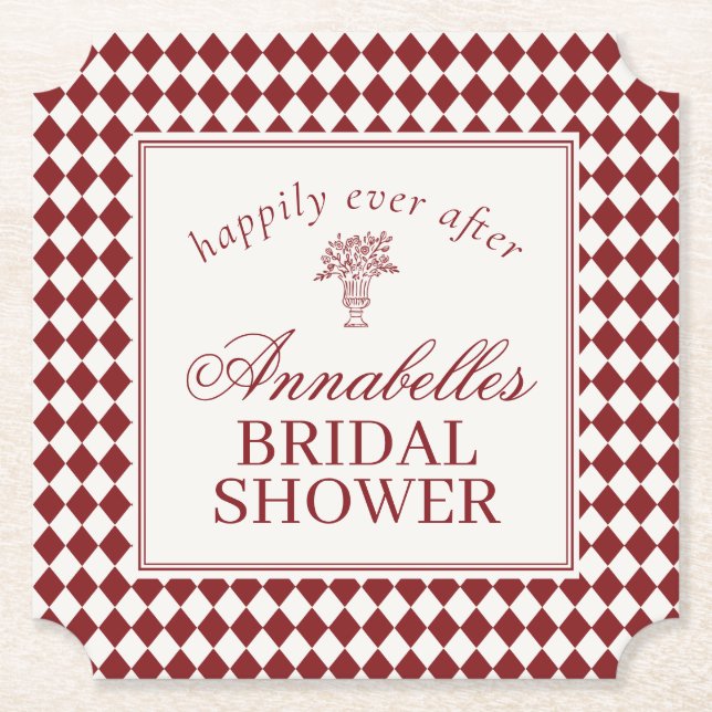 Red Merlot Harlequin Checkered Bridal Shower Untersetzer (Vorderseite)