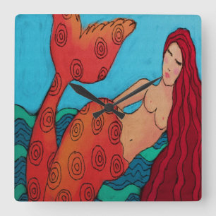 Red Mermaid Abstrakt Art Square Uhr