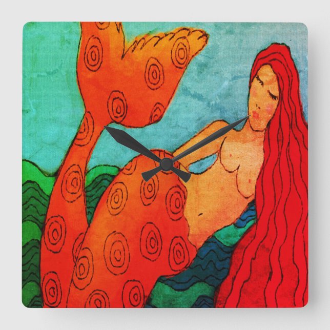 Red Mermaid Abstrakte Kunst Quadratische Wanduhr (Vorderseite)