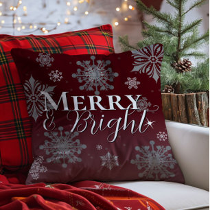 Red Merry and Bright Snowflakes Weihnachten Kissen
