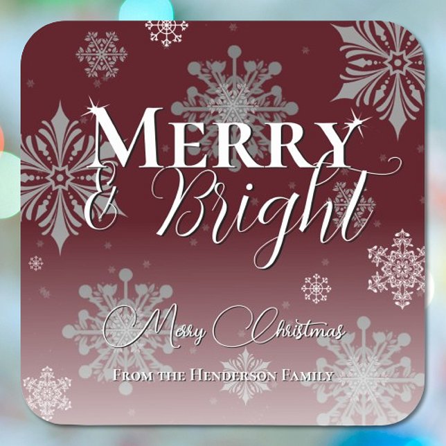 Red Merry and Bright Snowflakes Weihnachten Quadratischer Aufkleber (Red Merry and Bright Snowflakes Christmas Sticker)
