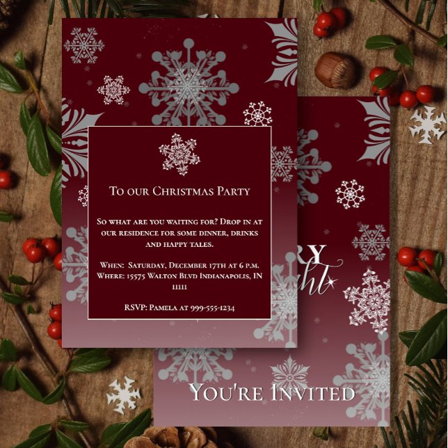 Red Merry and Bright Snowflakes Weihnachts-Party Einladung (Red Merry and Bright Snowflakes Christmas Party Invitation)