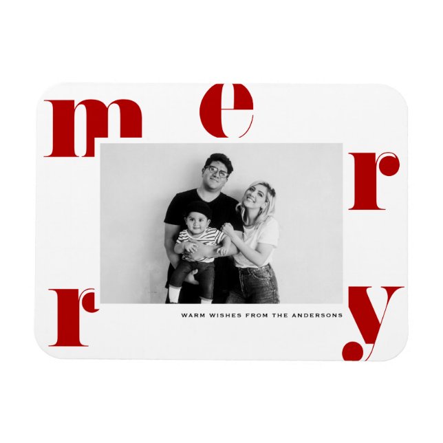 Red MERRY Bold Typografy Modern Foto Christmas Magnet (Horizontal)