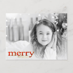 Red Merry & Bright White Gold Holiday Foto Feiertagspostkarte