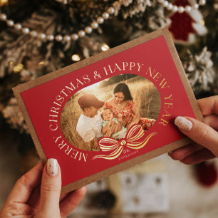 Red Merry Christmas Bow Gold Foil Weihnachtskarte Folieneinladung
