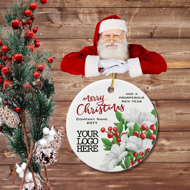 Red Merry Christmas Business Logo Berries Floral Keramik Ornament (Von Creator hochgeladen)