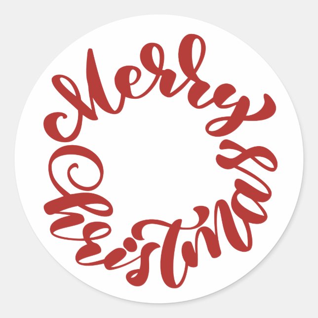 Red Merry Christmas Calligrafy Wreath Runder Aufkleber (Vorderseite)