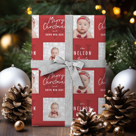 Red Merry Christmas Calligraphy Family 2 photo Geschenkpapier