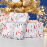 Red Merry Christmas Calligraphy Holiday Geschenkpapier<br><div class="desc">Weihnachtsgeschenkpapier bietet moderne Kalligrafie fröhliche Weihnachtsschrift in rot und weiß.</div>