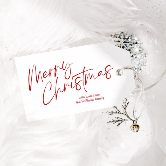 Red Merry Christmas Calligraphy Script Geschenkanhänger (Von Creator hochgeladen)