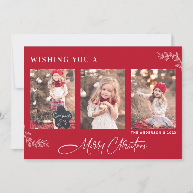 Red Merry Christmas Foto Card mit Leaf Motif Einladung (Vorderseite)