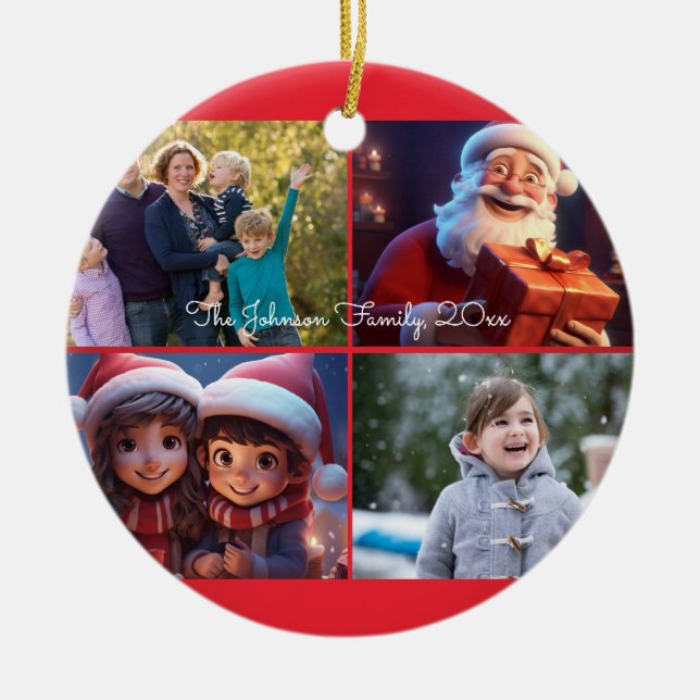 Red Merry Christmas Foto Family Keramik Ornament (Vorne)