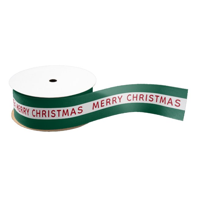 Red Merry Christmas Green White Striped Festive Ripsband (Spule)