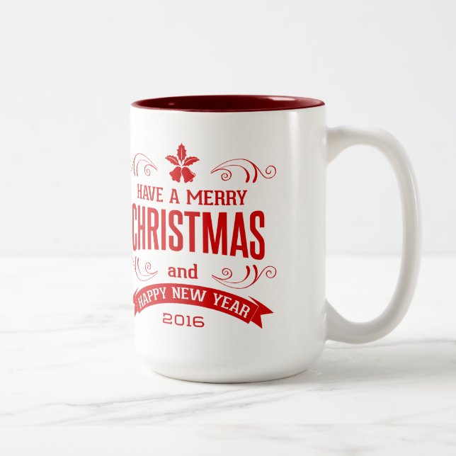 Red Merry Christmas Happy New Year Typografie Zweifarbige Tasse (Rechts)