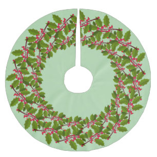 Red Merry Christmas Holly Berries Xmas Muster Polyester Weihnachtsbaumdecke