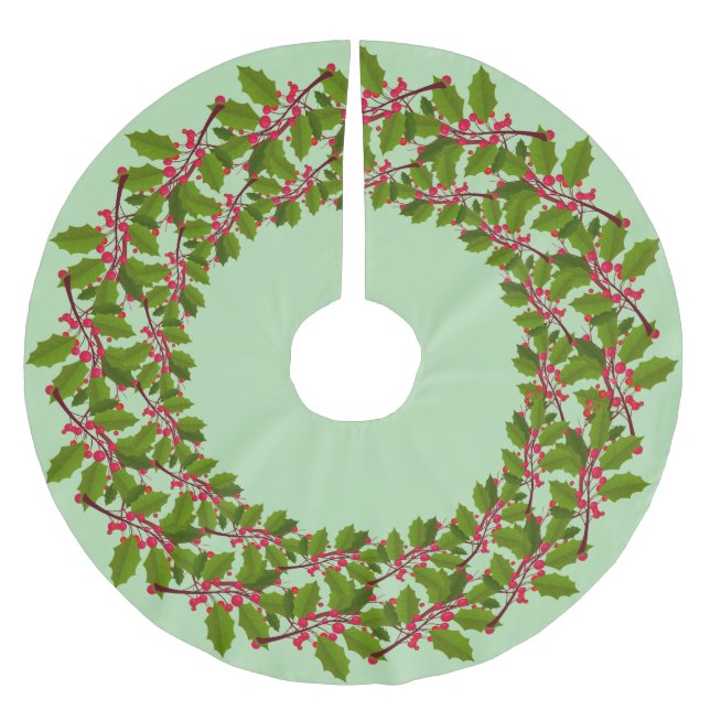 Red Merry Christmas Holly Berries Xmas Muster Polyester Weihnachtsbaumdecke (Vorderseite)