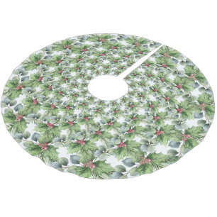 Red Merry Christmas Holly Berries Xmas Muster Polyester Weihnachtsbaumdecke