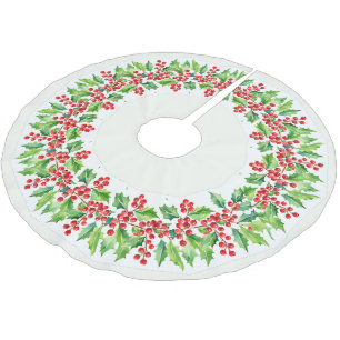 Red Merry Christmas Holly Berries Xmas Muster Polyester Weihnachtsbaumdecke