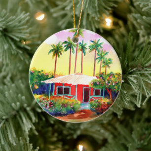 Red Merry Christmas Mele Kalikimaka Hütte Keramik Ornament