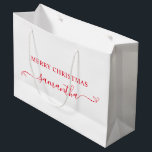 Red Merry Christmas Niedlich Bow Signature Name Große Geschenktüte<br><div class="desc">Erstellen Sie Ihre eigene personalisierte oder monogrammatikalische große Geschenktasche für Ihr Geschenk. Passen Sie den modernen niedlichen winzigen coquette Stil Bug Swash handgeschriebene Kalligraphie Stil und Größe je nach Bedarf an. Erhöhen Sie die Größe des Schriftartes für kürzere Namen... verringern Sie die Größe des Schriftartes für längere Namen. Ändern Sie...</div>