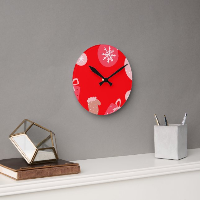 Red Merry Christmas Ornaments Snowflakes Handschuh Runde Wanduhr (Büro)