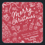 Red Merry Christmas Quadratischer Aufkleber<br><div class="desc">Frohe Weihnachten- Handgezeichnete Weihnachtsaufkleber Eine Touch von Charme und Wärme in die Weihnachtszeit bringen mit dieser skurrilen Weihnachtskollektion! Jedes Design ist mit einem gemütlichen Urlaubssinn gefüllt, was es zu einer herzlichen Wahl für Familie, Freunde oder alle, die eine lustige, kreative Touch Lieben. Schicken Sie ein Lächeln mit diesem skurrilen, wunderschön...</div>